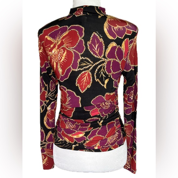 Farm Rio Floral Long Sleeve Jersey Top Shiny Chita Print Black Pink Orange Small - Picture 5 of 11